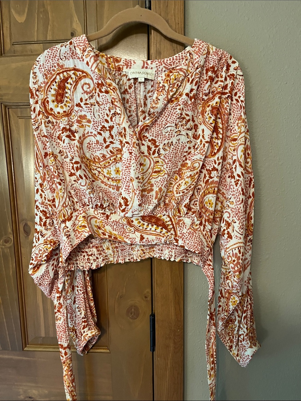 Cynthia Rowley Rust and Cream Paisley Wrap Crop Blouse